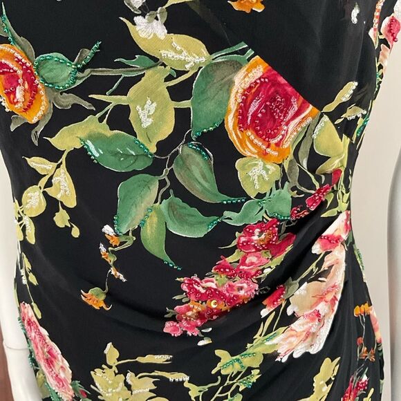 100% Silk Kay Unger Beaded Sequin Dress V-neck Black Floral 4 - Picture 7 of 10